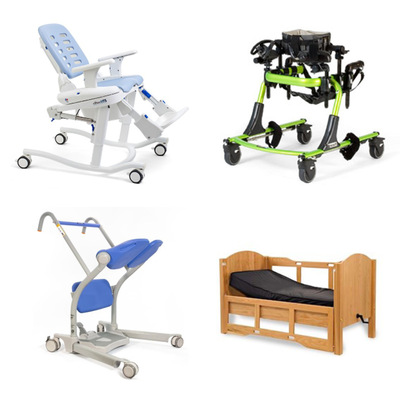 A selection of adaptive equipment, clockwise from upper left: a white and pale blue shower chair, a green and black gait trainer, a blue and silver transfer apparatus, a blond wood framed therapeutic bed