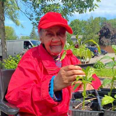 A smiling. older Black woman wearing a bright red baseball cap and bright red jacket tends to plant sprouts outside of the day hab greenhouse on a sunny day.