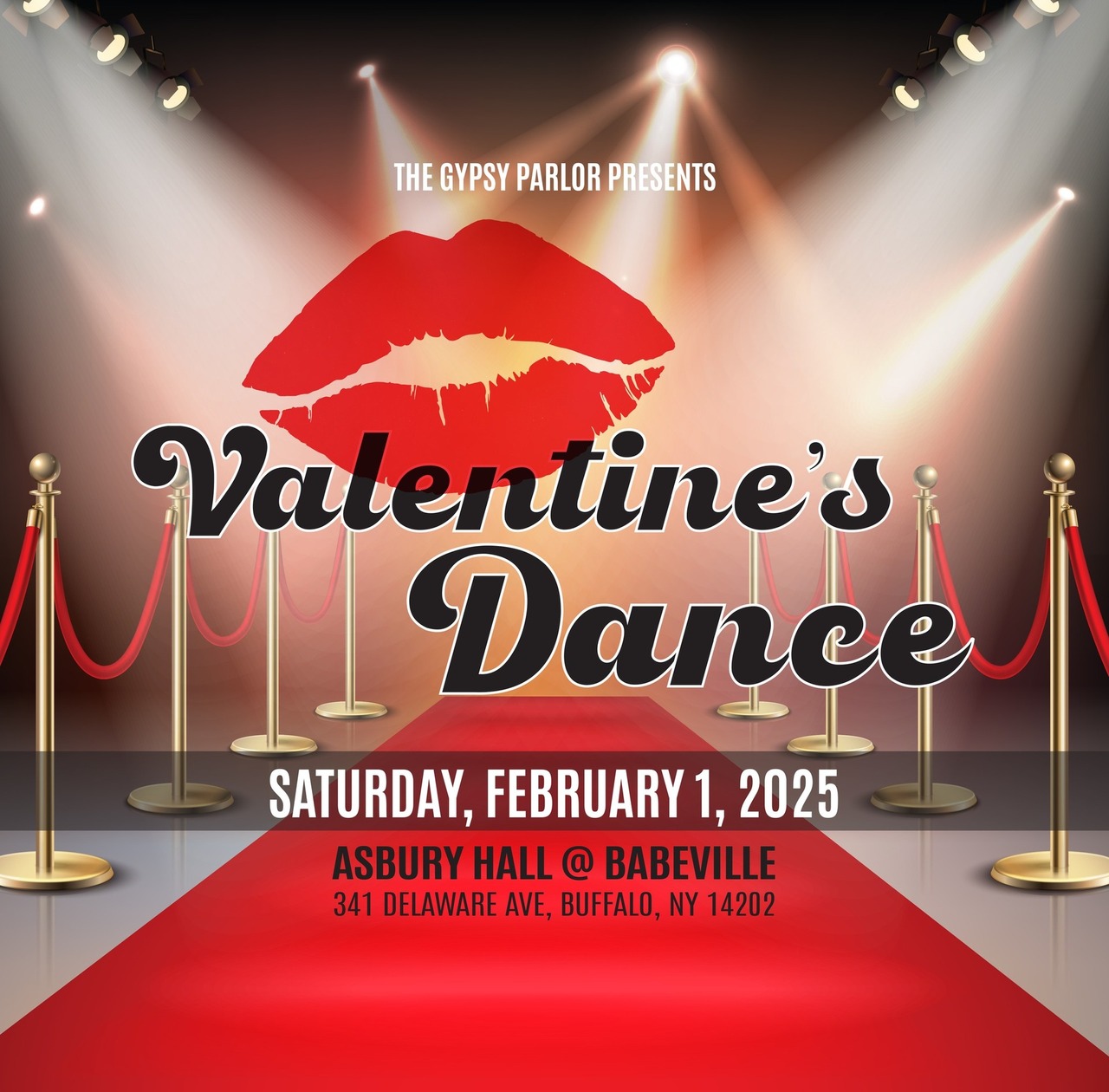 Red carpet image with Gypsy Parlor presents Valentine's Dance on Saturday, February 3, 2024 at Babeville, Buffalo NY includes list of entertainers and proceeds to benefit former ASI programming at the People Inc. Foundation.