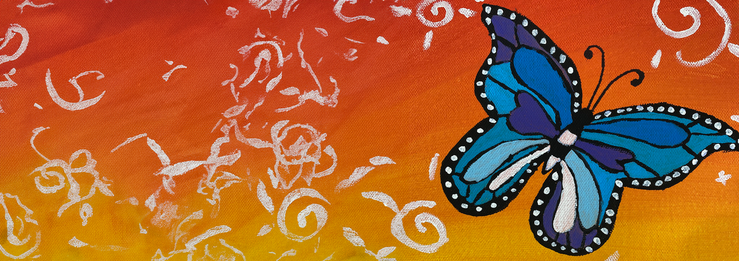 Painted artwork of a blue and white butterfly against a gold and orange background