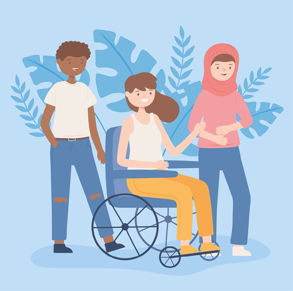 An illustration of three diverse people hanging out together: a male-presenting figure with short dark hair; a female-presenting figure with auburn hair seated in a wheelchair and a female-presenting figure wearing a pink hijab.